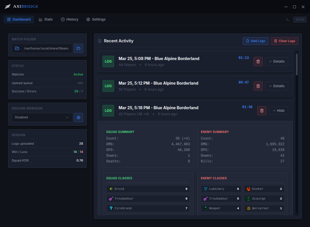 AxiBridge web report — aggregated squad stats dashboard